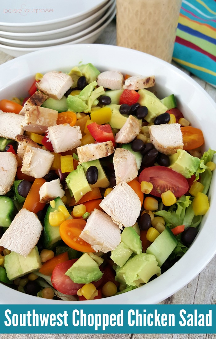 Southwest Chopped Chicken Salad is a hearty dinner salad loaded with tons of delicious flavors, and topped with a Southwest Chipotle Dressing.